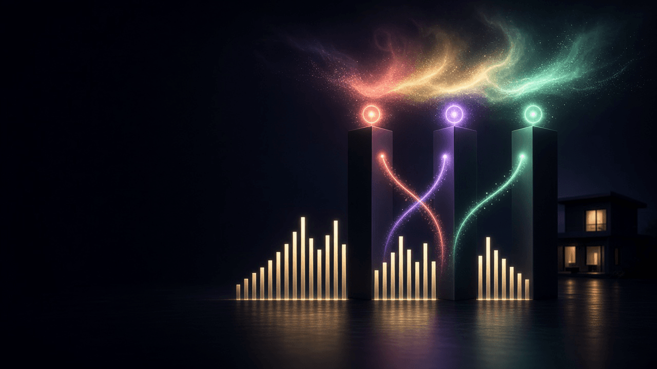 Spectrum Warm frame for the emerging tech cluster, with a field of small multicolor sparks.